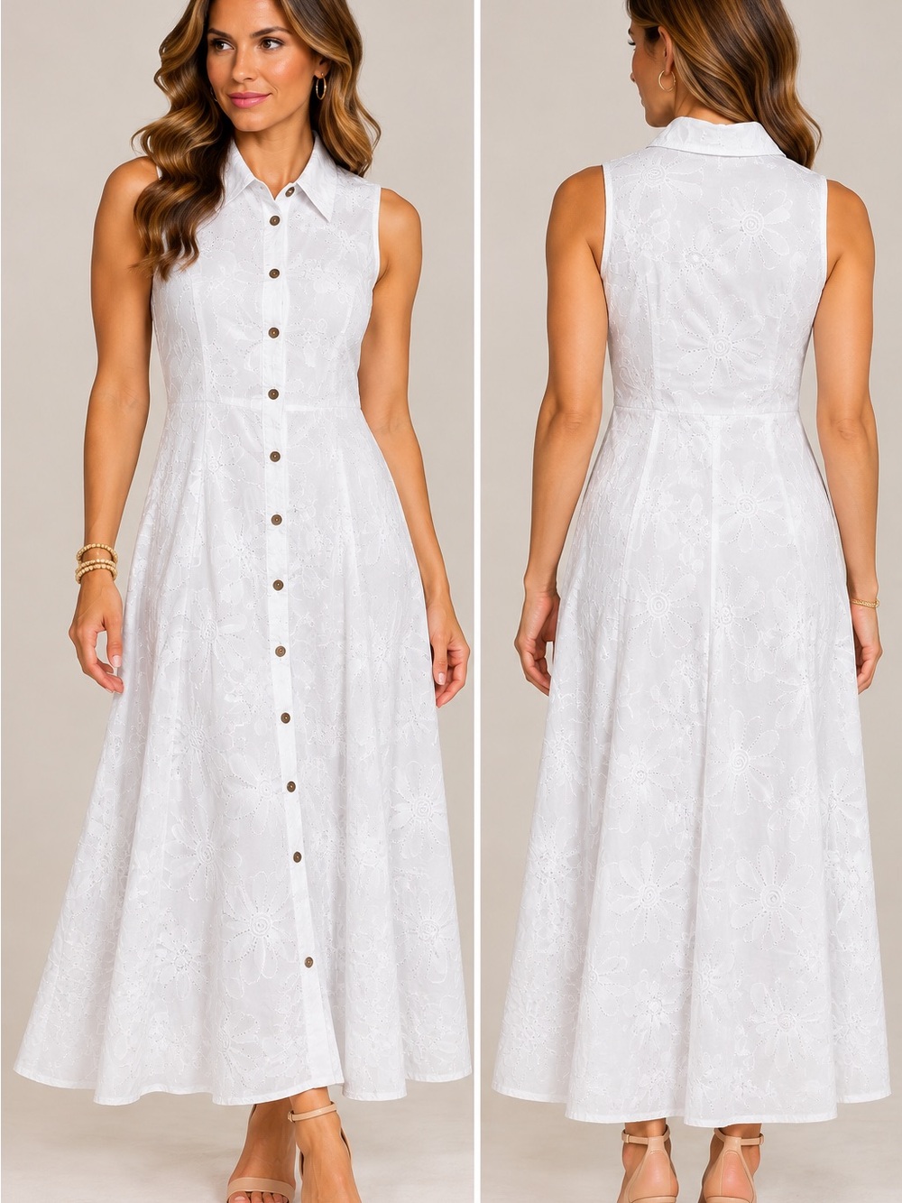 dressbarn White Sleeveless Button-Front Eyelet Maxi Dress